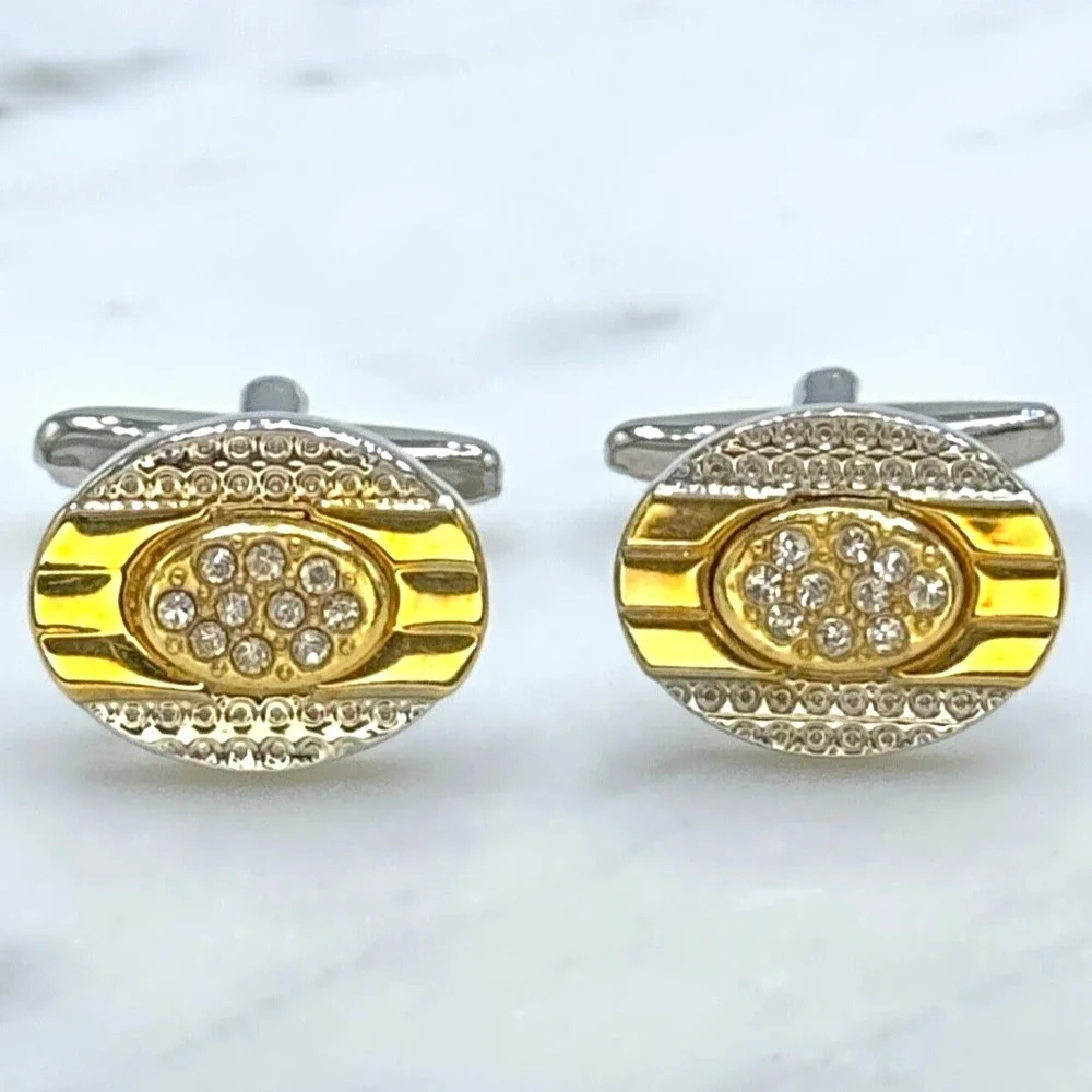 Mens Silver Tone & Gold Tone Clear Rhinestones Oval Bullet Back Cufflinks